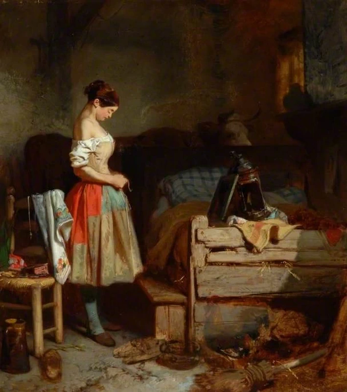 Ragazza di campagna al suo bagno, allacciandosi il corsetto - Bowes Museum